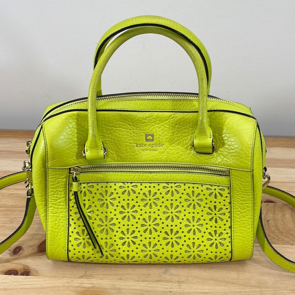 Kate Spade Neon Yellow Satchel with Floral Cutouts